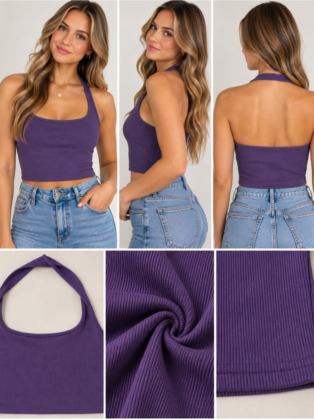 SHEIN Purple Ribbed Halter Crop Top Sports Bra